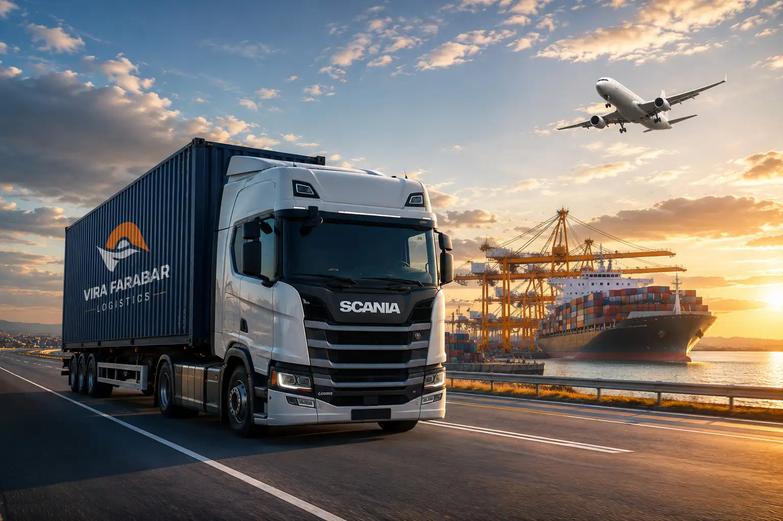 International freight operations — cargo containers and trucks at a logistics hub
