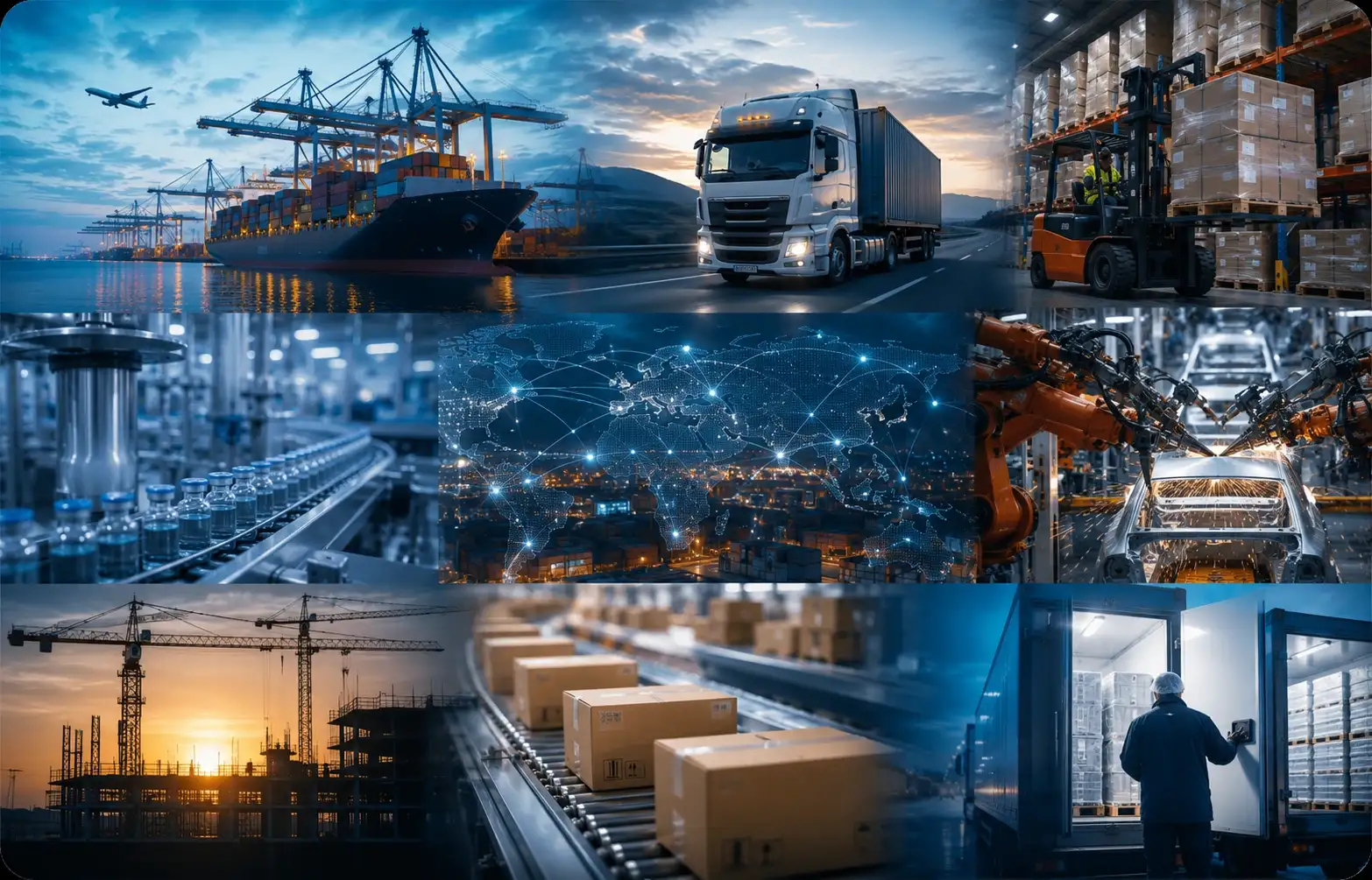 Diverse industrial cargo handling — containers, manufacturing goods, and global commerce operations