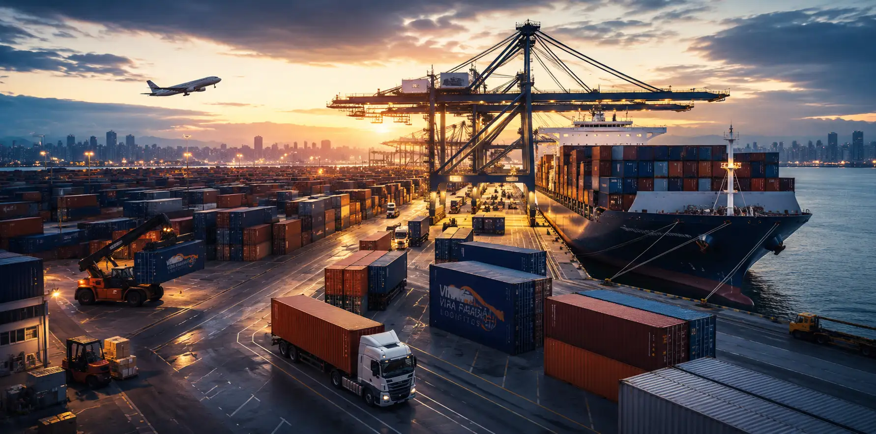 Aerial view of a busy international container terminal with cranes and stacked containers