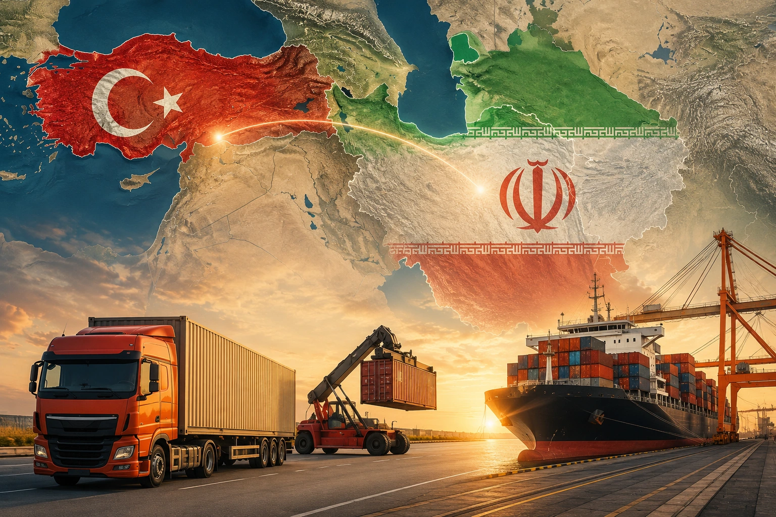 Iran-Turkey transport corridor — freight trucks crossing the border